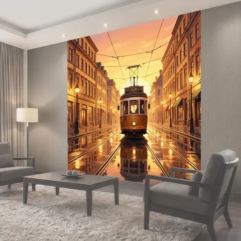 Фотообои Трамвай на закатной улице города