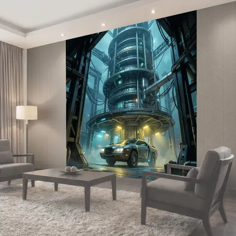 Фотообои Футуристический автомобиль в индустриальном ангаре