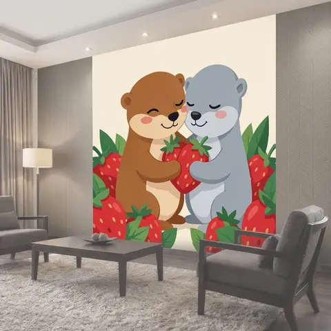 Фотообои Два медвежонка с клубникой