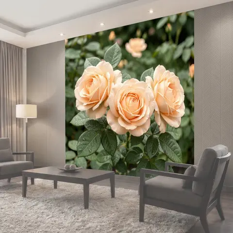 Фотообои Персиковые розы с каплями росы