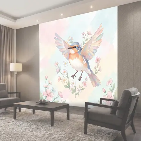 Фотообои Летающая птица среди цветов