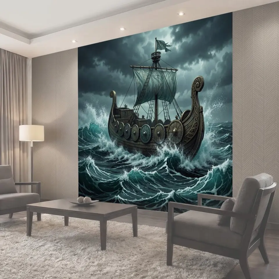 Фотообои Драккар в штормовом море