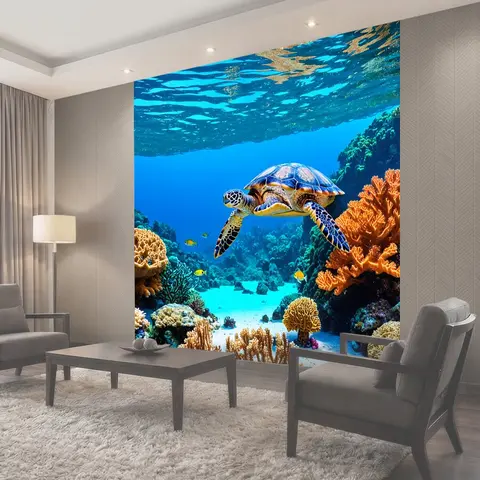Фотообои Море, подводный мир с коралловыми рифами, рыболовами и морскими черепахами