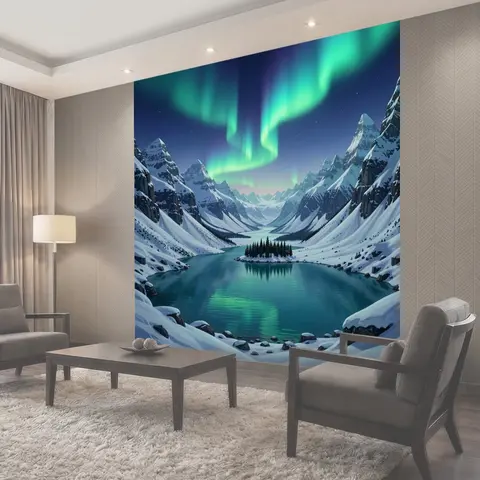 Фотообои Северное сияние над ледяными горами