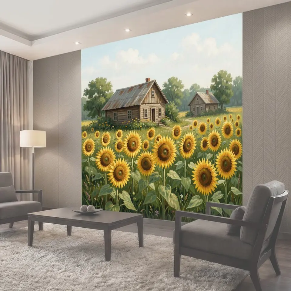 Фотообои Деревенский пейзаж с подсолнухами