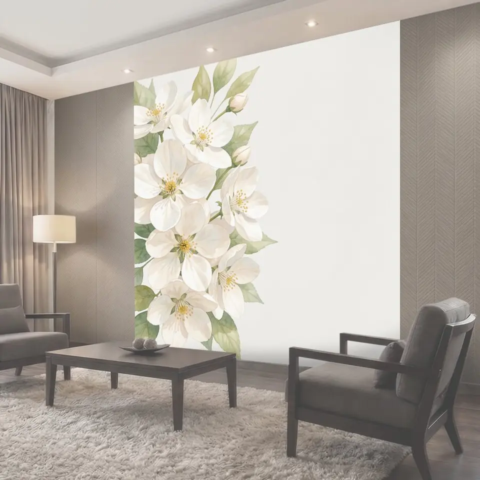 Фотообои Белые цветы с зелёными листьями