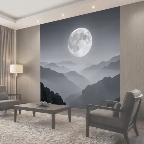 Фотообои Полная луна над туманными горами