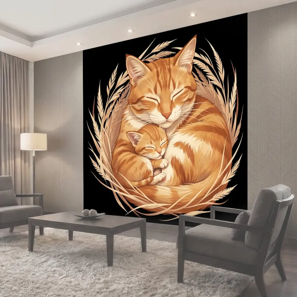 Фотообои Спящая кошка с котёнком