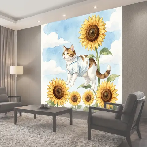 Фотообои Кот среди подсолнухов
