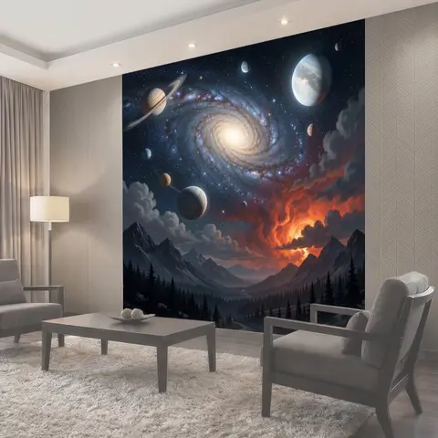 Фотообои Космическая галактика над горами