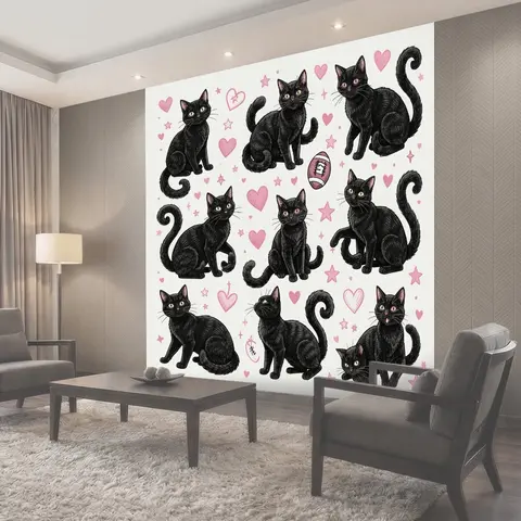 Фотообои Черные коты с розовыми сердцами