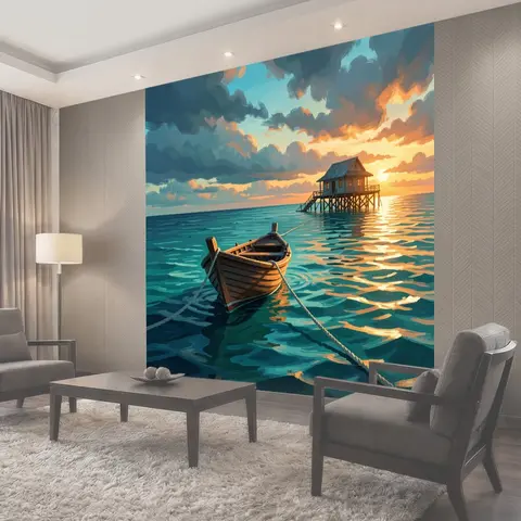 Фотообои Морской закат с лодкой и домом