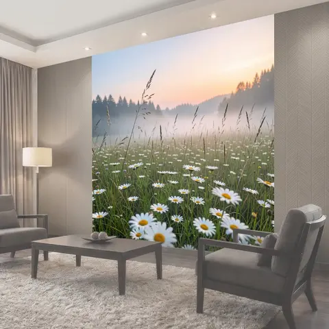 Фотообои Ромашковый луг в утреннем тумане