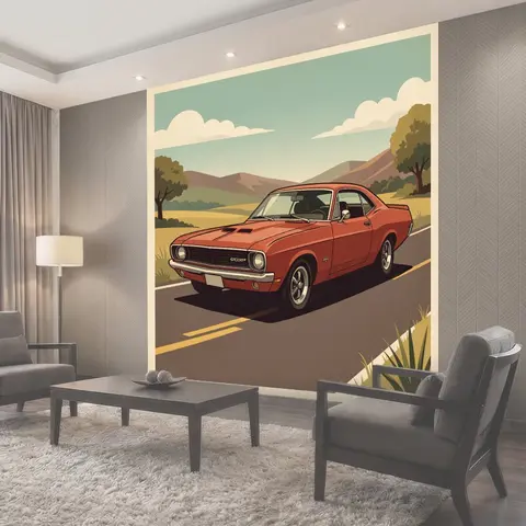 Фотообои Красный классический автомобиль на дороге