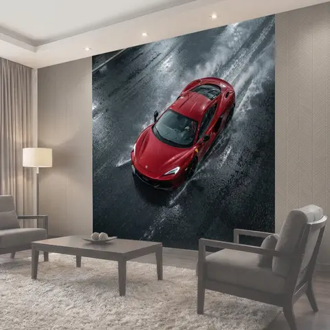 Фотообои Красный спорткар в дождь