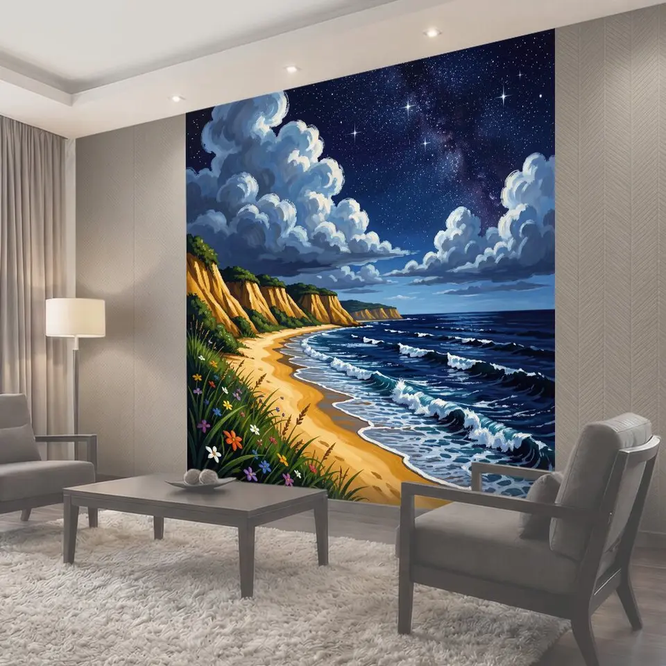 Фотообои Ночная морская бухта с облаками