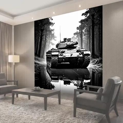 Фотообои Фотография основного боевого танка, движущегося по густому лесу, отражающая мощь военной техники
