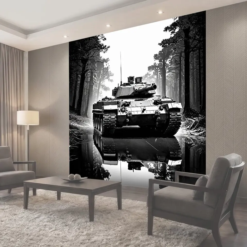 Фотообои Фотография основного боевого танка, движущегося по густому лесу, отражающая мощь военной техники