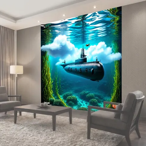 Фотообои Подводная лодка, заплывающая в облаке водорослей, с подводными дронами, исследующими окружающую среду