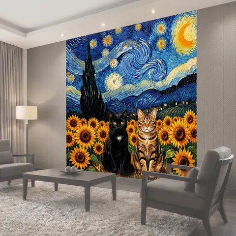 Фотообои Коты среди подсолнухов ночью