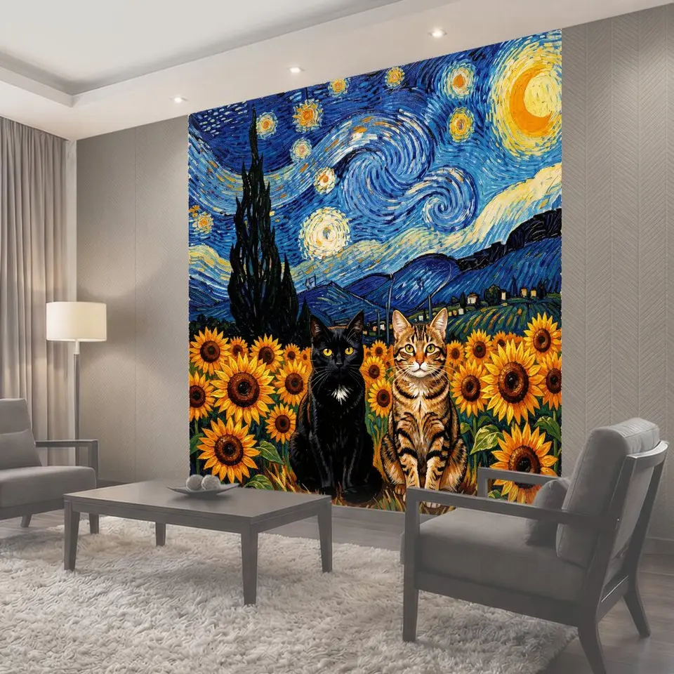 Фотообои Коты среди подсолнухов ночью