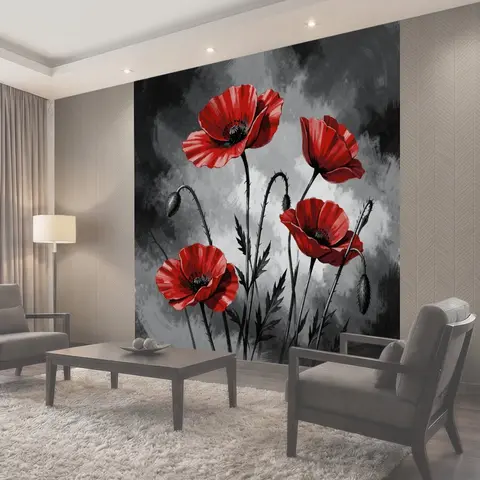Фотообои Красные маки на графитовом фоне