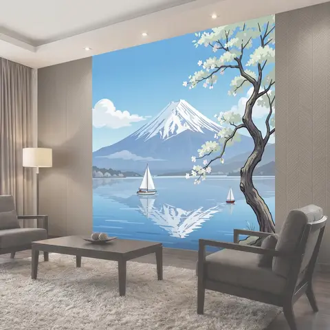 Фотообои Фудзи, сакура и парусники