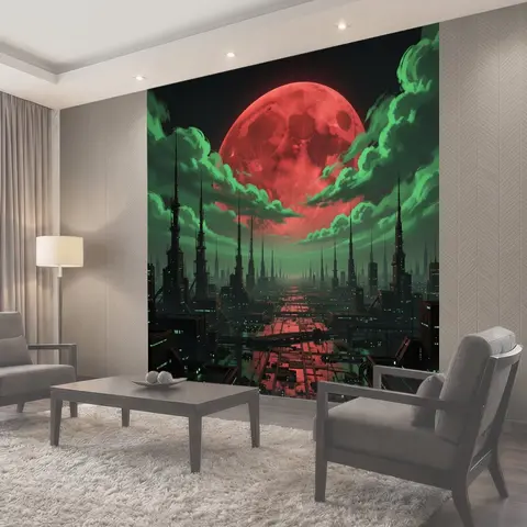 Фотообои Футуристический город под красной луной