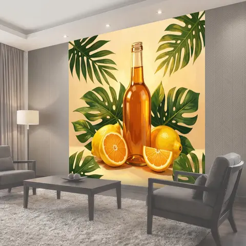 Фотообои Бутылка с цитрусами и листвой