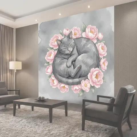 Фотообои Серый кот с лапкой и цветами