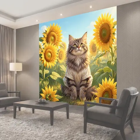 Фотообои Кот среди подсолнухов