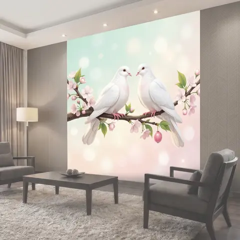 Фотообои Белые голуби на цветущей ветке