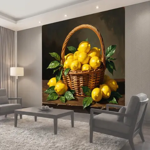 Фотообои Корзина с лимонами и листьями