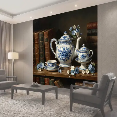 Фотообои Синий фарфор и книги