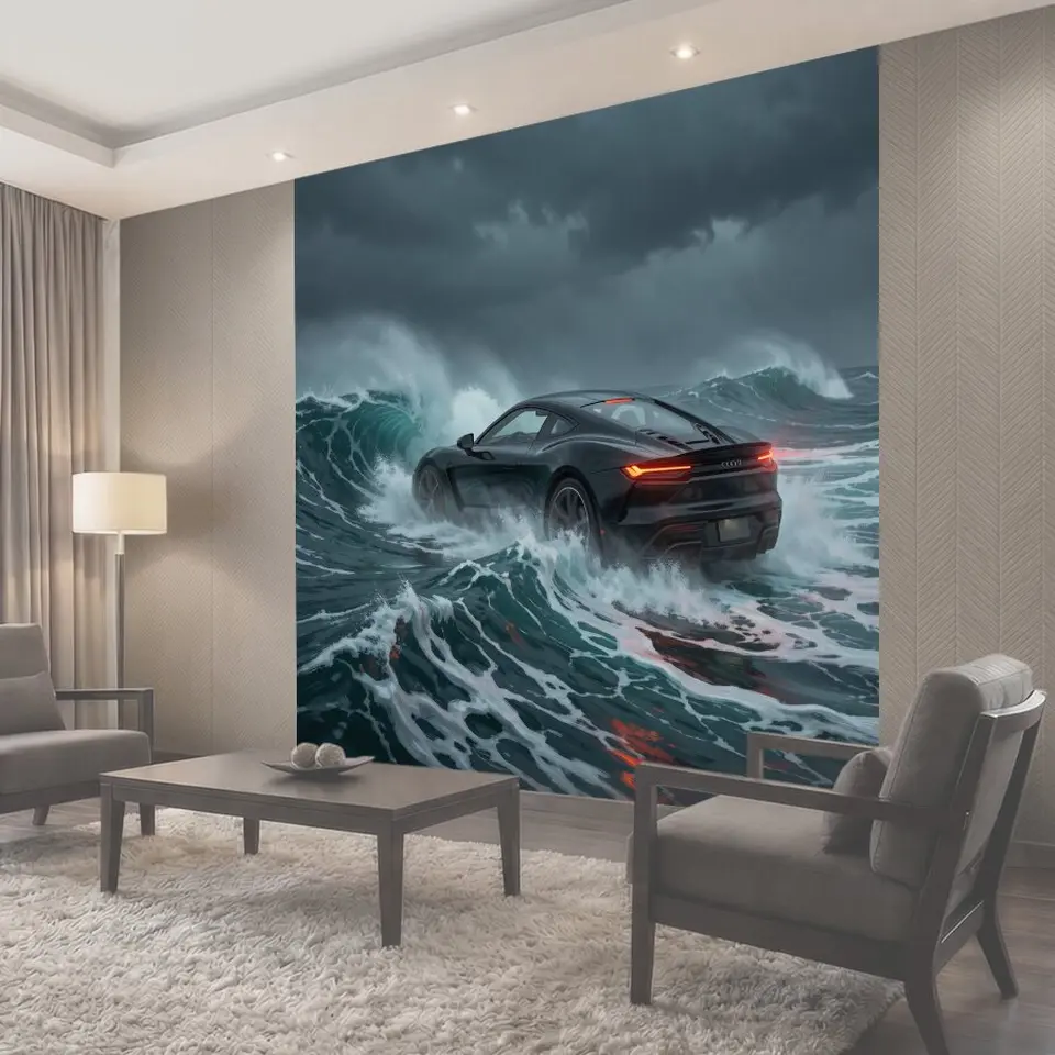 Фотообои Черный спорткар в штормовом море