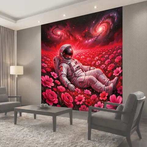 Фотообои Космонавт в розовом цветочном поле