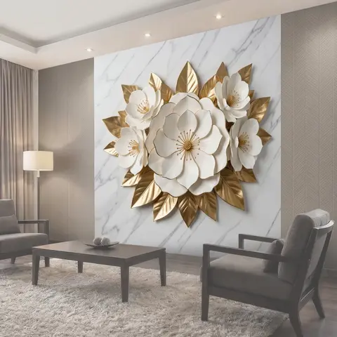Фотообои Белые цветы с золотыми листьями