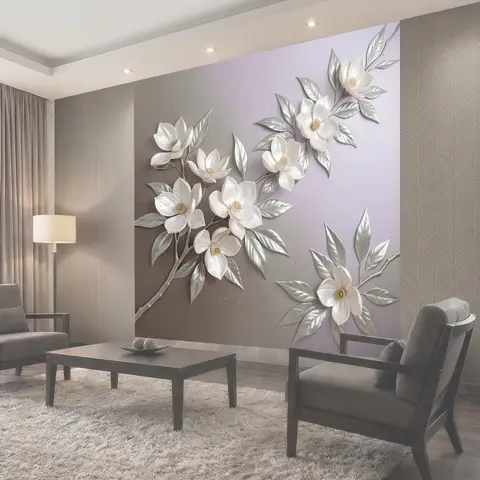 Фотообои Белые магнолии с серебряными листьями