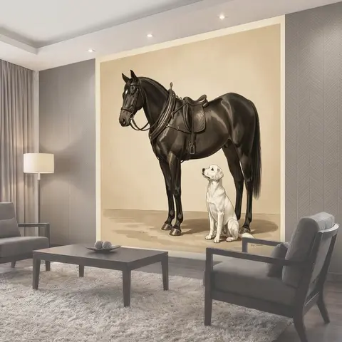 Фотообои Черная лошадь и белая собака