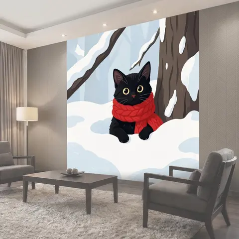 Фотообои Черный кот в зимнем лесу