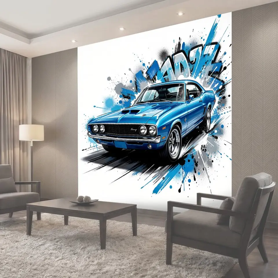 Фотообои Синий ретро-автомобиль в граффити