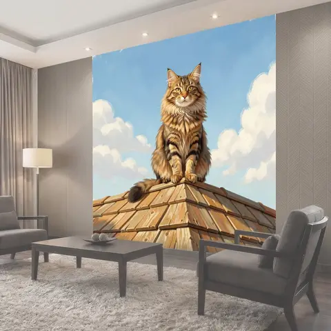 Фотообои Пушистый полосатый кот на крыше