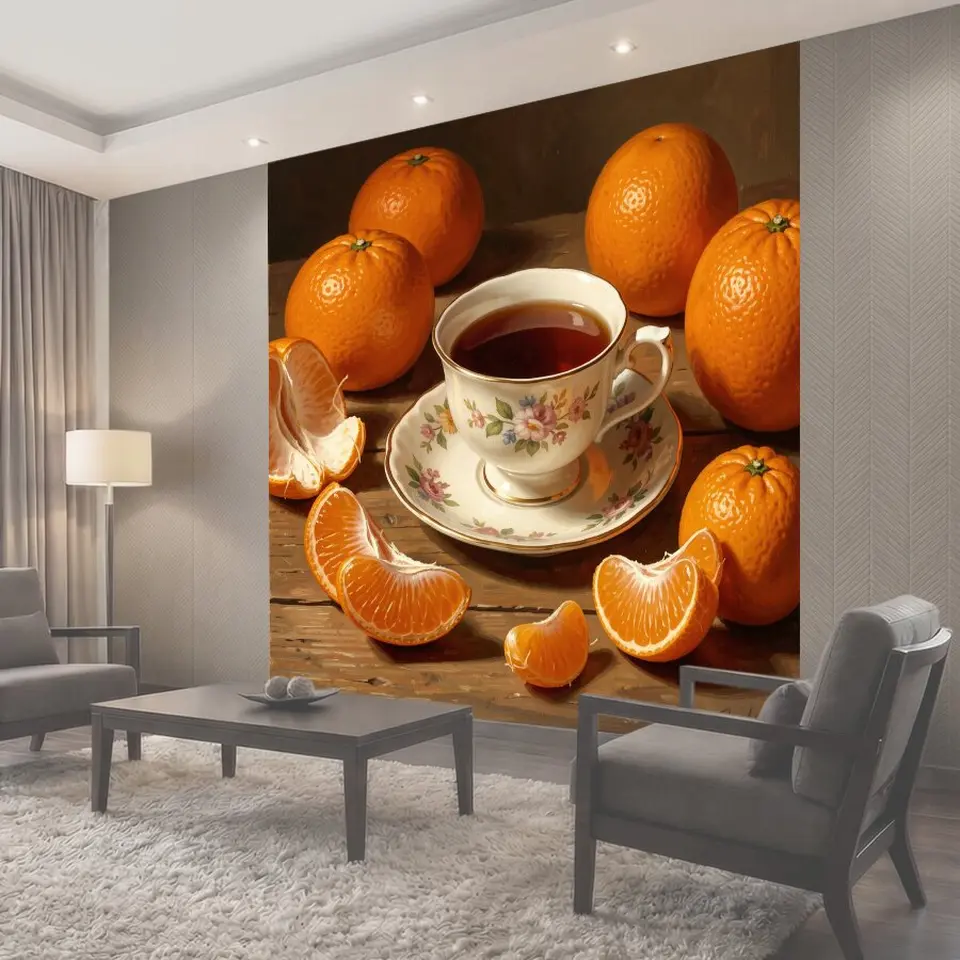 Фотообои Цитрусы и фарфоровая чашка чая