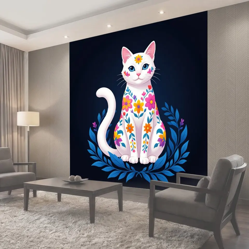 Фотообои Белая кошка с цветочным орнаментом