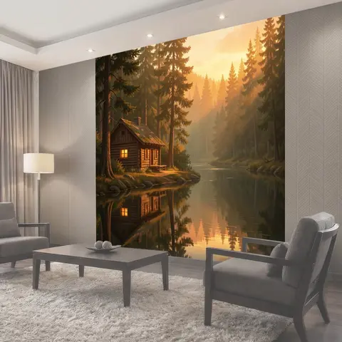 Фотообои Лесная избушка у тихой реки