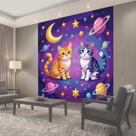 Фотообои Котята среди планет и звезд