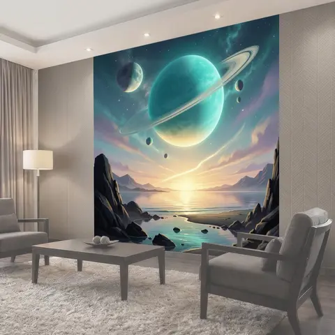 Фотообои Космический пейзаж с кольцевой планетой