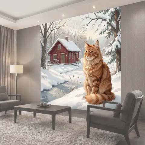 Фотообои Рыжий кот в зимнем лесу