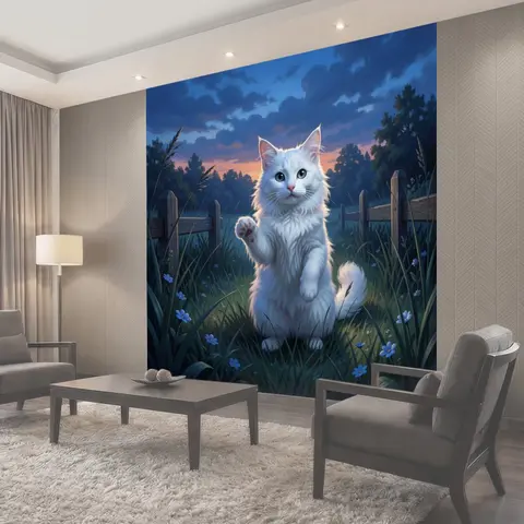 Фотообои Белая кошка в поле на закате