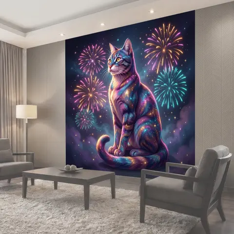 Фотообои Космический кот среди фейерверков